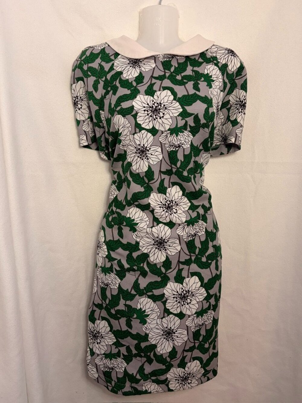 Atmosphere Green Grey floral shift dress white collar zip up back retro- Size 10